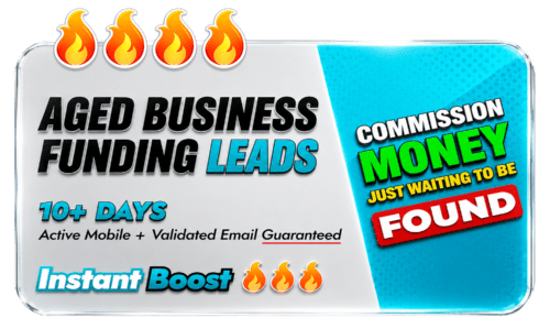 Aged business funding leads graphic by Lead Tycoons featuring 10 day plus aged MCA leads and business loan leads with active mobile phone numbers and validated email addresses for merchant cash advance brokers, business loan brokers, and alternative lending companies. Promotional image highlights high intent funding opportunities, scalable lead generation, outbound sales prospecting, commission growth potential, and premium business funding data solutions for serious funding professionals.