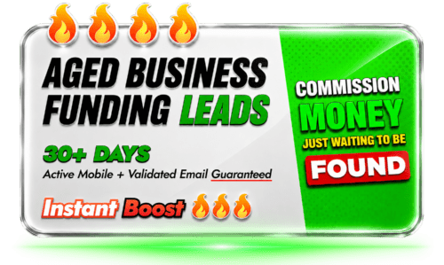 30 day plus aged business funding leads graphic by Lead Tycoons featuring aged MCA leads and business loan leads with active mobile phone numbers and validated email addresses for merchant cash advance brokers, business loan brokers, and alternative lending professionals. Marketing image highlights scalable outbound prospecting, high intent funding opportunities, commission generating business loan data, and premium lead generation solutions designed for serious funding sales organizations and MCA brokerages.
