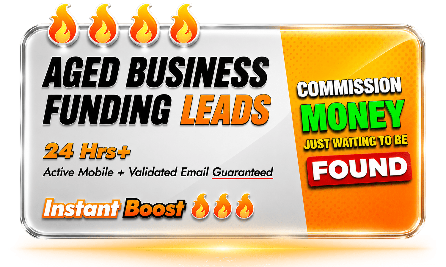 Recent aged business funding leads graphic by Lead Tycoons featuring 24 hour plus aged MCA and business loan leads with active mobile phone numbers and validated email data for merchant cash advance brokers, business loan brokers, and funding companies. Promotional design highlights high intent business funding opportunities, commission generation potential, real time outreach capability, and premium lead generation services for the alternative lending industry