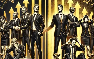 Elegant black and gold illustration showing successful business loan brokers standing confidently with upward growth charts, while frustrated brokers pull their hair out with bloodshot eyes, representing the difference strong execution and quality leads make in 2025 for merchant cash advance brokers.