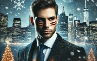 A confident business loan broker with subtle war paint on his face, standing against a snowy holiday-themed New York City skyline. Snowflakes gently fall as the broker exudes focus and determination, symbolizing strategic planning for business funding success
