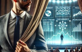 Business funding broker curiously pulling back a curtain on stage to reveal a high-tech war-room with glowing monitors, charts, and lead generation intelligence. Professional setting symbolizing strategy, curiosity, and insights in the Merchant Cash Advance (MCA) industry
